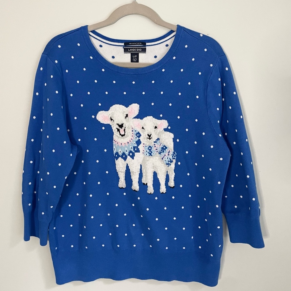 Lands’ End 3/4 Sleeve Blue Polka Dot Holiday Lamb Sweater Thick Supima Cotton LG